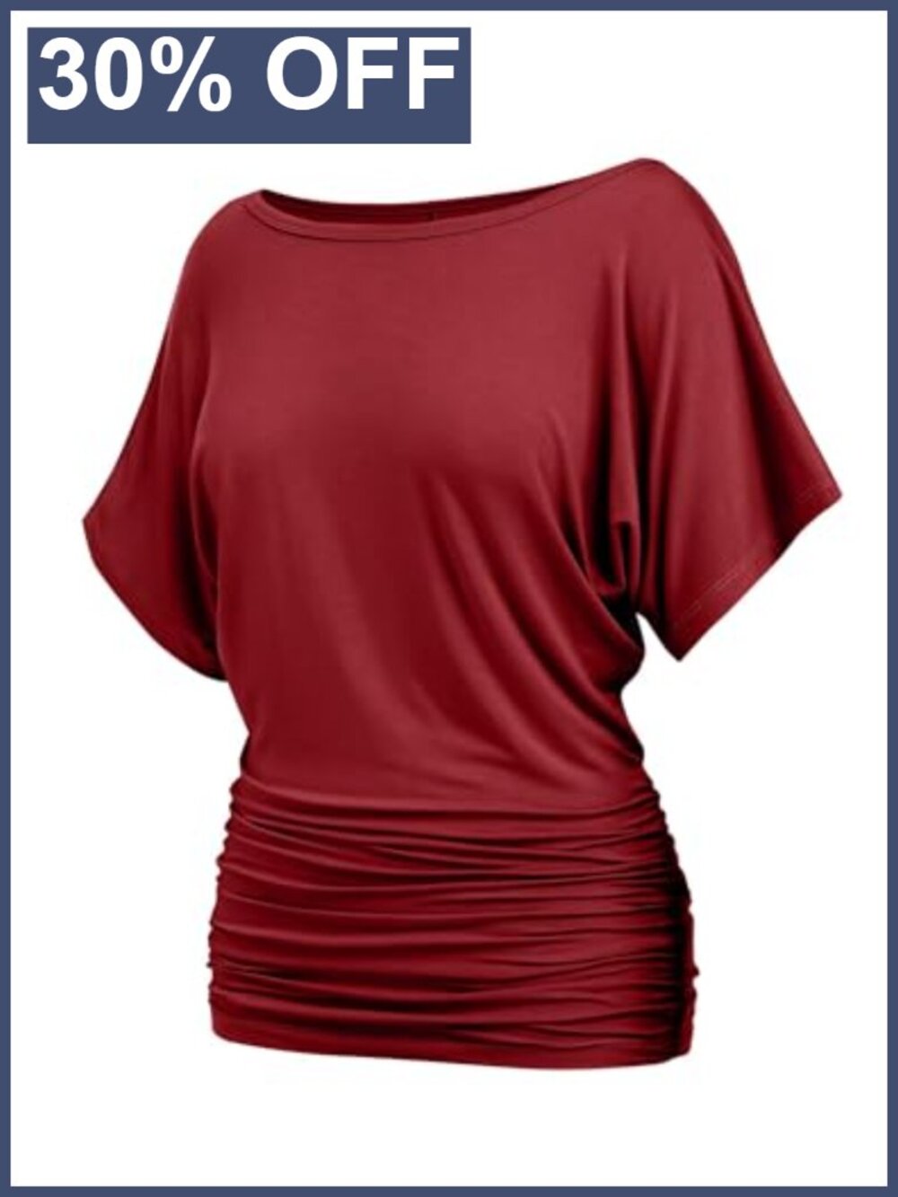 Womens Ruched Dolman Short Sleeve Boat Neck Blouse Casual Top